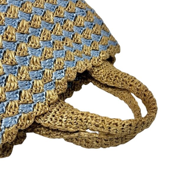 PRADA Vintage Logo Raffia Tote Bag Stripe Blue Beige Polyethylene Snap [105516] - Picture 9 of 14